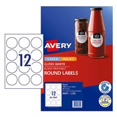 AVERY 980001 L7105 ROUND LABELS D60MM LASER AND INKJET 12UP GLOSSY WHITE PACK 10